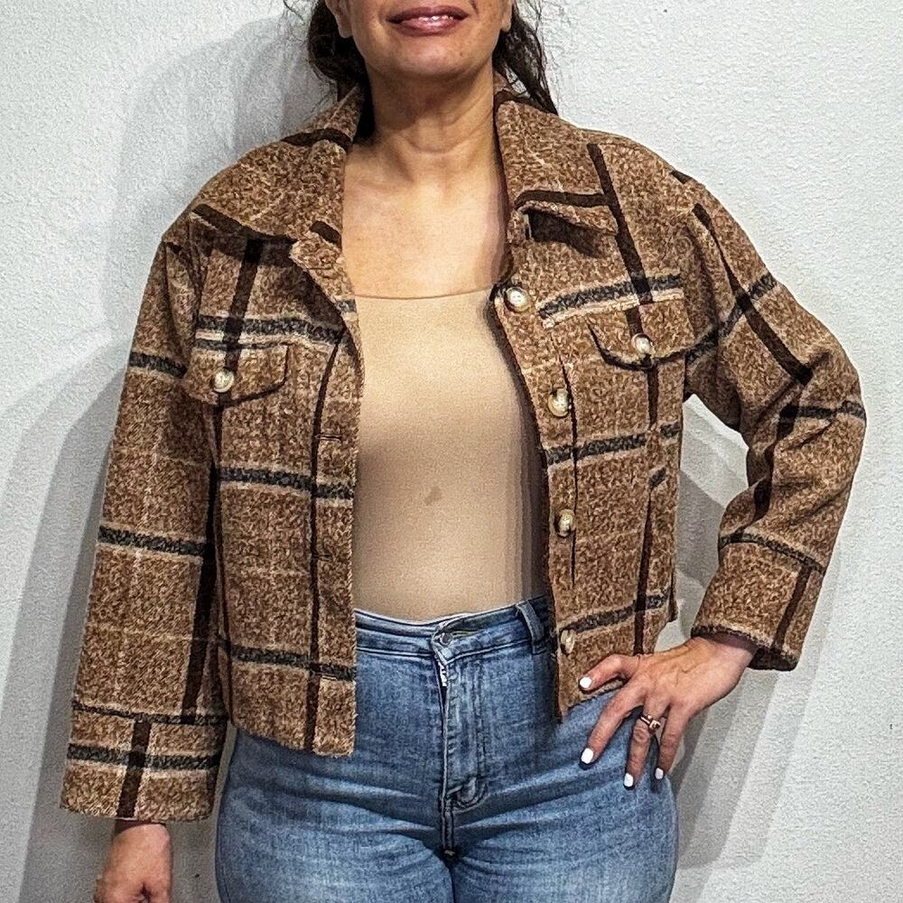 Lush Tan Plaid Shacket Jacket Sz S NWOT